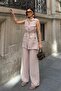 Women's Beige Long Vest and Trousers Linen Textured Top and Bottom Set - 3