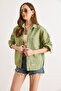 Women's Khaki Chic Embroidered Pocket Herringbone Gabardine Shirt Jacket Ckt-19000507 - 4