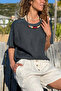 Italian Anthracite Crew Neck Washed Knitted Garnished Linen Blend Casual Woven Blouse 65 50 - 3