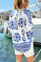 Italian White-Blue Judge Collar Ethnic Patterned Cotton Loose Woven Blouse 70 60 - 3