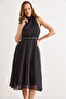 Women's Black Halter Neck Polka Dot Belted Lined Chiffon Dress Elb-19002642 - 3