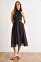 Women's Black Halter Neck Polka Dot Belted Lined Chiffon Dress Elb-19002642 - 2