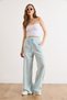 Women's Baby Blue Pocketed Lined Elastic Waist Linen Content Wide Leg Pants Pnt-19000345 - 3