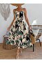 Women's V-Neck Rope Strap Belted Waist Long Patterned Single Jersey Dress - 5