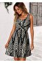 Women's Round Neck Buttoned Short Single Jersey Dress with Cross Detail on the Front - 4