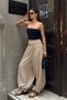 Women's Beige Elastic Waist Detailed Linen Textured Shalwar Trousers - 5