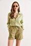 Women's Khaki Lyocell Pocketed Flowy Shorts with Elastic Waist at the Back Shrt-19000089 - 2