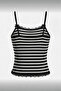 Black Gray Striped Black Cat Detailed Lace Collar Bow Y2K Strap Crop Top - 2