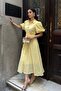 Women's Yellow Balloon Sleeve Belted Lined Brode Woven Dress - 2