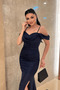 Glitter Fabric Detachable Collar Evening Dress - Dark Blue - 3