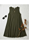 Women's Olive Green Textured V-Neck Basic Sleeveless Casual Dress - 8
