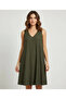 Women's Olive Green Textured V-Neck Basic Sleeveless Casual Dress