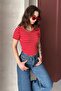 Women's Red and White Chain Ribbed Knitted Blouse - 2