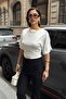 Women's Ecru Side Gathered Crew Neck Soft Blouse