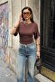 Women's Brown Side Gathered Crew Neck Soft Blouse - 3