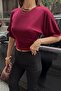 Women's Burgundy Side Gathered Crew Neck Soft Blouse - 2