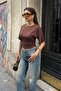 Women's Brown Side Gathered Crew Neck Soft Blouse - 5