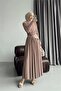 Women's Beige Draped Belt Detailed Sandy Fabric Premium Hijab Dress Nms090