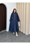 Navy blue women's tencel fabric skirt with belt detail, flowy textured jacket and skirt set. - 6