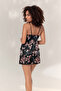 Women's Plus Size Black Chest Lace Detailed & Thin Strap Stylish Floral Satin Shorts Set - 2