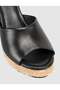Black Genuine Leather Straw Sole Women's Wedge Heel Slippers - 5