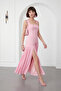 Women's Pink Square Neck Slit Long Formal Dress