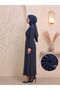 Women's Navy Blue Double Ruffle Textured Stretchy Fabric Long Hijab Dress with Gold Buckle Belt - 2