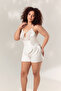 Women's Ecru Plus Size Lace Detailed Satin Shorts Pajama Set