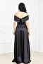 Boat Neck Long Satin Evening Dress - Black - 7