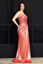 Pleated Strapless Long Evening Dress - Orange - 5