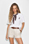 Women's Brown Garni Collar Scarf Detailed Embroidered Trendy White T-Shirt