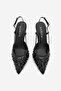 Women's Stiletto Pointed Toe Sequined Beaded Mesh Strappy Classic Heeled Shoes Daruka Black Satin - 6