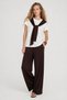 Women's Coffee White Draped Collar Garni Piece Tie Detail Trousers T-Shirt Set - 8