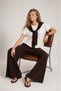 Women's Coffee White Draped Collar Garni Piece Tie Detail Trousers T-Shirt Set - 4