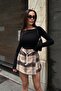 Women's Beige Plaid Patterned Mini Skirt with Belt Detail - 4