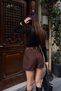 Women's Brown Bird's Eye Detailed Chain Belted Mini Woven Shorts - 3