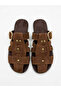 Nerissa Women's Tan Multi-Strap Gold Buckle Suede Textured Flat Sole Slippers Sandals - 2