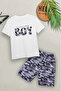 Camouflage Patterned Boys' T-Shirt Shorts Set White Printed Summer Cotton Comfortable Fit
