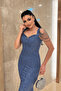 Full Beaded Fabric Shoulder Detail Evening Dress - Indigo Blue - 3
