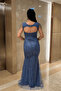 Full Beaded Fabric Shoulder Detail Evening Dress - Indigo Blue - 5