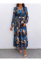 Women's Double-Breasted Collar Patterned Long Stylish Dress
