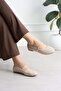 Sawra Women's Flat Shoes with Front Strap and Buckle, Knitted Patterned Beige Leather