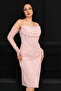 Beaded Detailed Lace Pencil Dress - Powder - 3