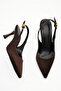 Women's Bitter Brown Satin Design Elastic Band Pointed Toe Thin Casual Heeled Shoes with Stylish Accessories - 4