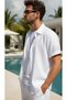 Men's Summer Buttoned Short Sleeve Shirt and Lace-Up Shorts Set Double Pocket Crinkle Fabric - 3