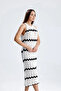 Women's White Black Zigzag Patterned Halter Neck Bohemian Openwork Knitwear Midi Dress - 4