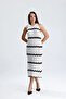 Women's White Black Zigzag Patterned Halter Neck Bohemian Openwork Knitwear Midi Dress