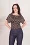 Polka Dot Patterned Draped Short Sleeve Coffee Blouse