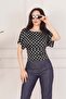 Polka Dot Patterned Draped Short Sleeve Black Blouse