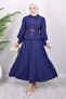 Belt Detailed Skirt Suit Indigo 19287